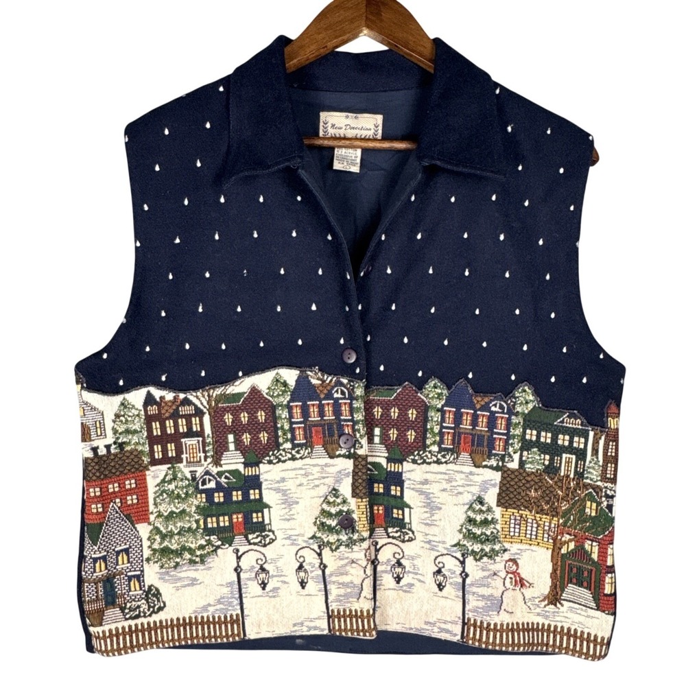 Vintage 90s Christmas Sweater Vest Women Large Navy Blue Embroidered Wool Cotton